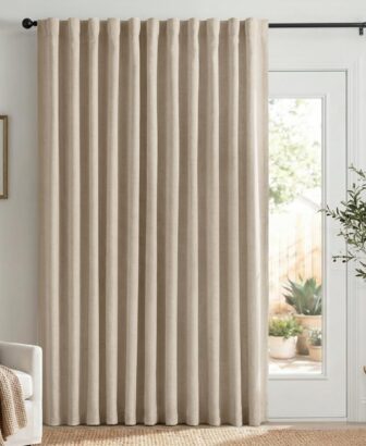 Linen Textured Total Blackout Sliding Door Curtains 84 Inches Long, Oatmeal | 100% Blackout Shield Back Tab/Rod Pocket Sliding Door Curtains, Thermal Insulated Curtains 1 Panel Set, 100"W x 84"L