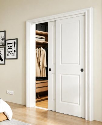 JUBEST 60x80 in Sliding Closet Door, Raised 2-Panel Square Top White Primed Hollow Core Door Slab with Hardware Kits & Matching Fascia, Pre-drilled & Paintable, Space-Saving for Bedroom Laundry