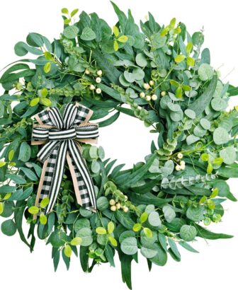 WREATHOME 26'' Large Eucalyptus Wreath for Front Door All Season | Neutral Farmhouse Wreath Used for Porch Wall Living Room Window, Handcrafted Spring Summer Greenery Decor with Classic Bow