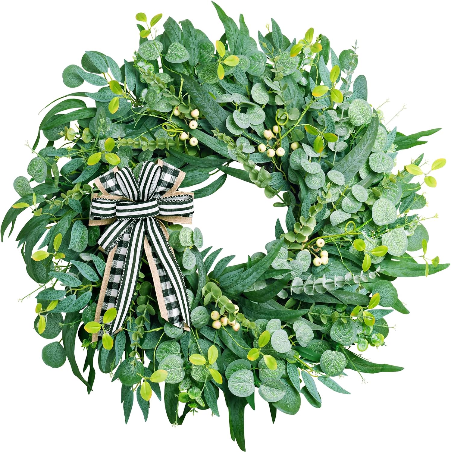 WREATHOME 26'' Large Eucalyptus Wreath for Front Door All Season | Neutral Farmhouse Wreath Used for Porch Wall Living Room Window, Handcrafted Spring Summer Greenery Decor with Classic Bow