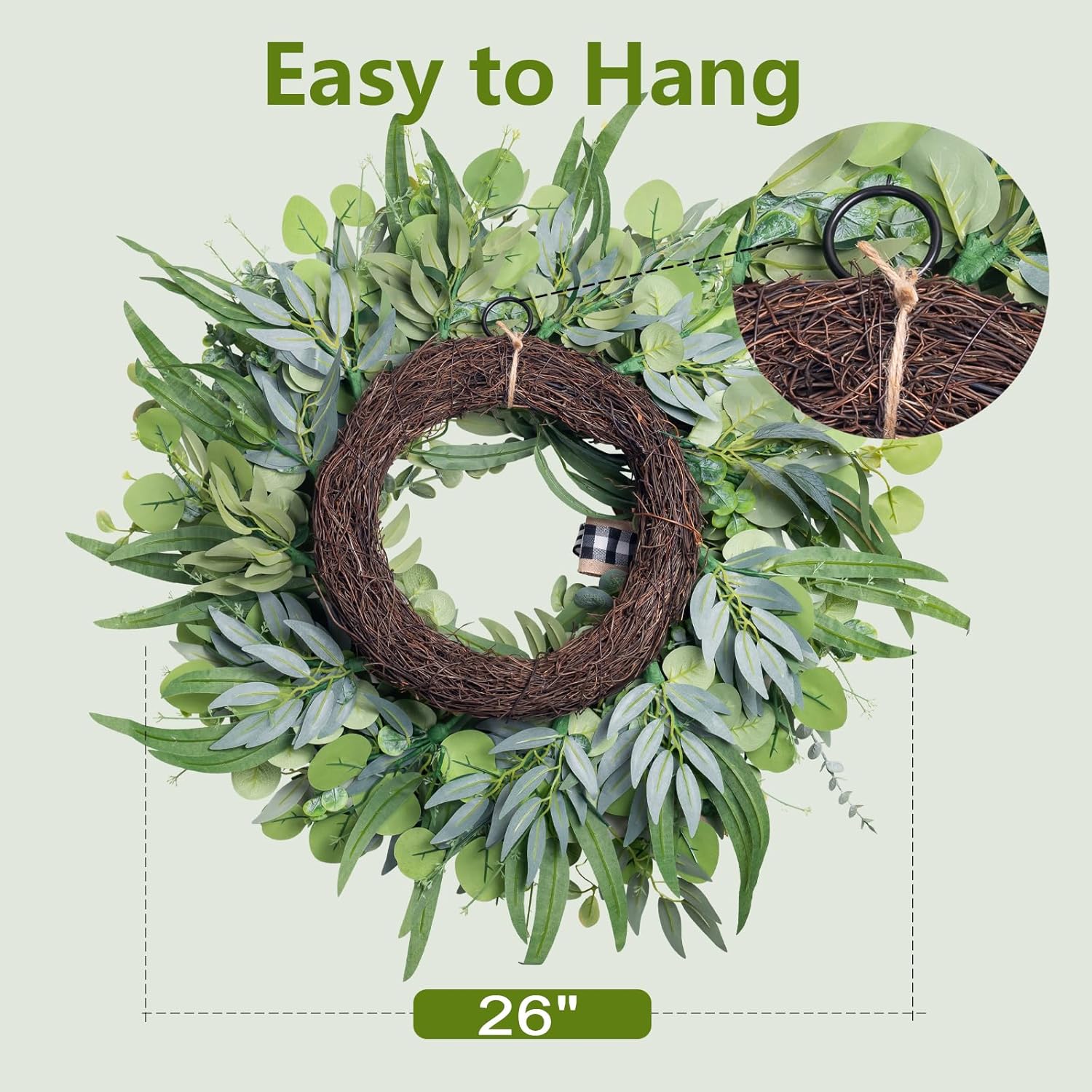 WREATHOME 26'' Large Eucalyptus Wreath for Front Door All Season | Neutral Farmhouse Wreath Used for Porch Wall Living Room Window, Handcrafted Spring Summer Greenery Decor with Classic Bow - Image 3