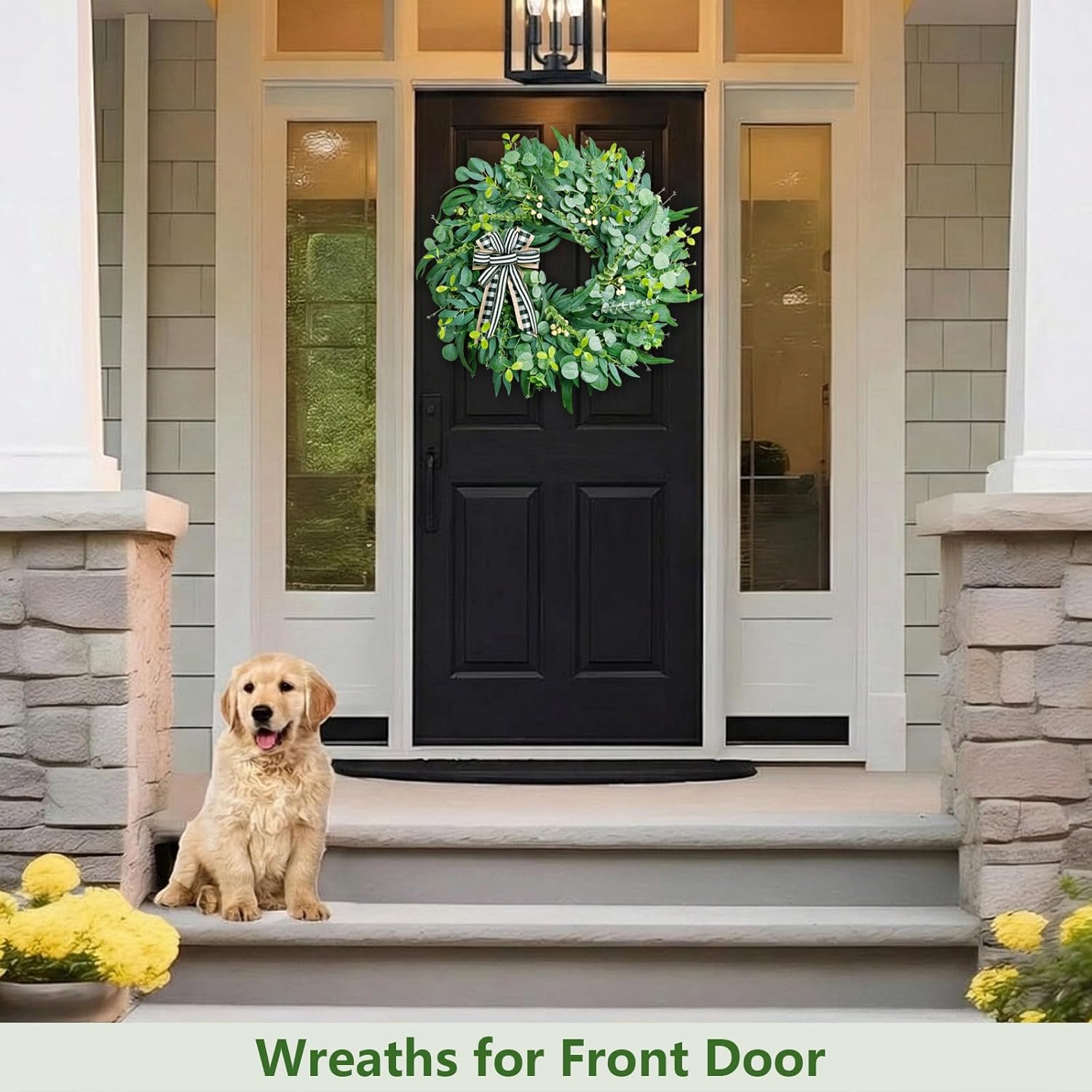 WREATHOME 26'' Large Eucalyptus Wreath for Front Door All Season | Neutral Farmhouse Wreath Used for Porch Wall Living Room Window, Handcrafted Spring Summer Greenery Decor with Classic Bow - Image 4