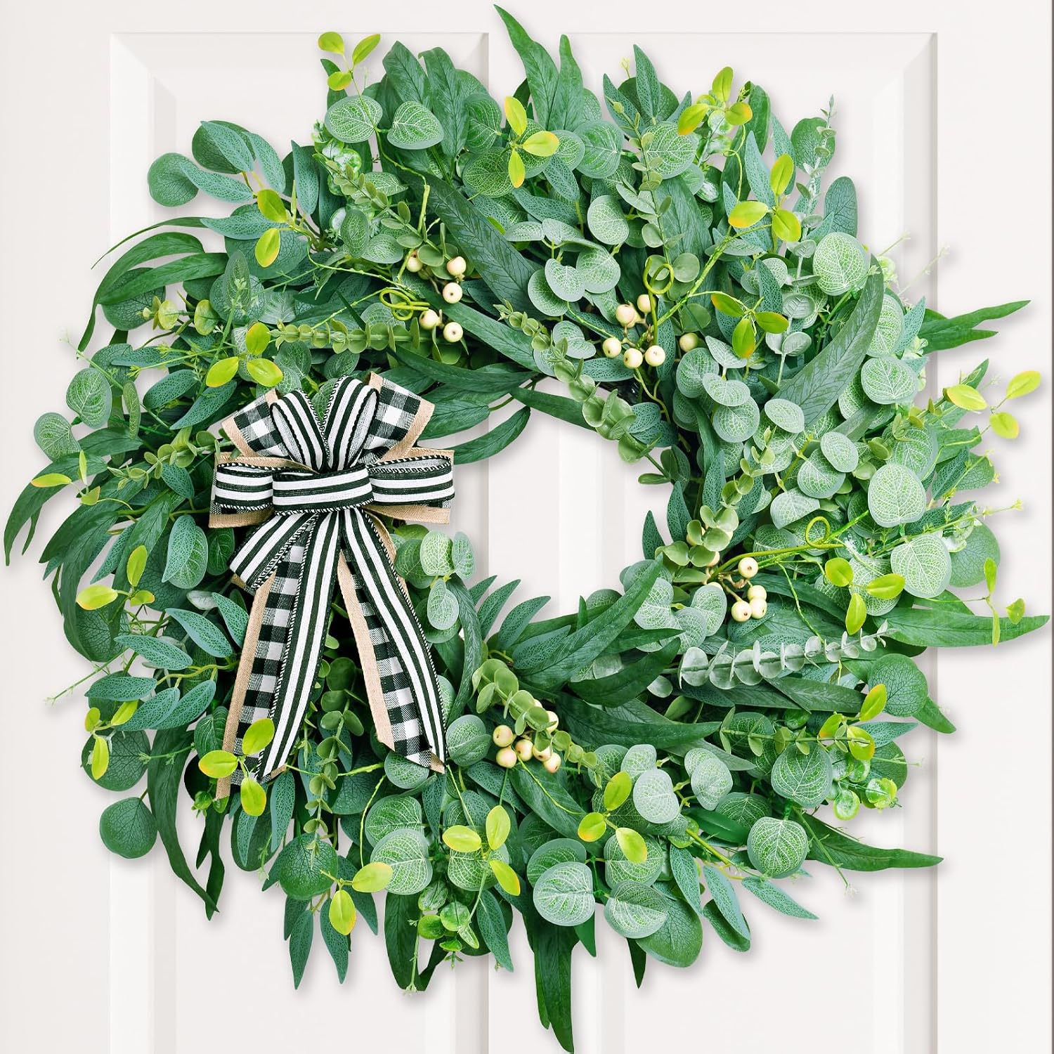 WREATHOME 26'' Large Eucalyptus Wreath for Front Door All Season | Neutral Farmhouse Wreath Used for Porch Wall Living Room Window, Handcrafted Spring Summer Greenery Decor with Classic Bow - Image 7
