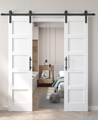 Double 21inx84in White Barn Door and 7FT Sliding Barn Door Hardware Kit Included,Solid,MDF, PVC Surface,DIY Assembly,5-Panel,Fit 38in-41in Opening
