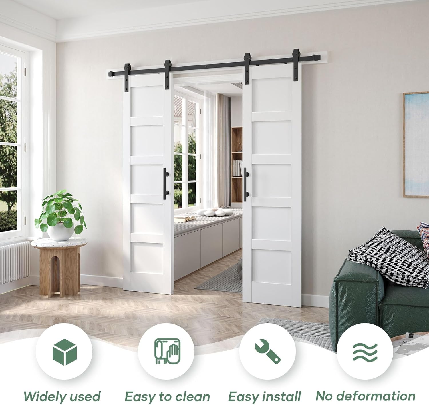 Double 21inx84in White Barn Door and 7FT Sliding Barn Door Hardware Kit Included,Solid,MDF, PVC Surface,DIY Assembly,5-Panel,Fit 38in-41in Opening - Image 2