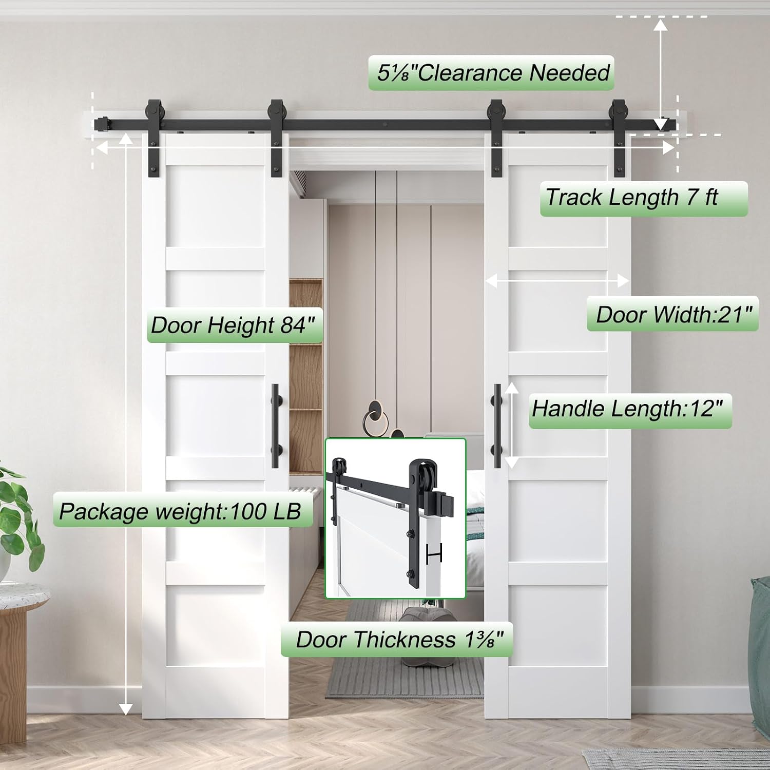 Double 21inx84in White Barn Door and 7FT Sliding Barn Door Hardware Kit Included,Solid,MDF, PVC Surface,DIY Assembly,5-Panel,Fit 38in-41in Opening - Image 7