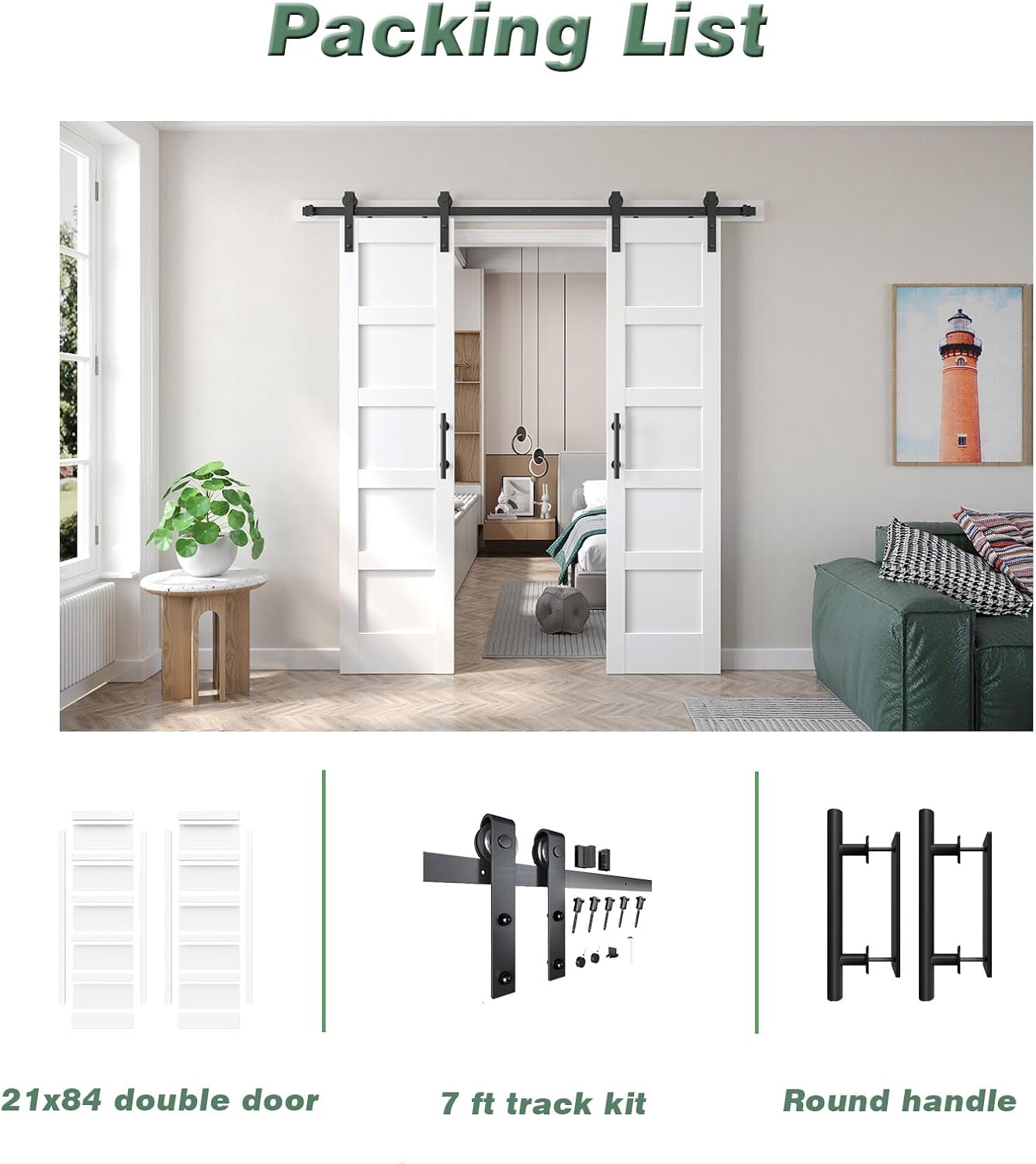 Double 21inx84in White Barn Door and 7FT Sliding Barn Door Hardware Kit Included,Solid,MDF, PVC Surface,DIY Assembly,5-Panel,Fit 38in-41in Opening - Image 9